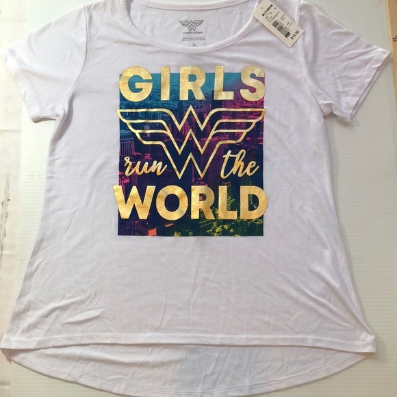 WONDER WOMAN Girls Run The World White T-Shirt Multi Color Graphic Girl’s L NWT - Picture 1 of 8